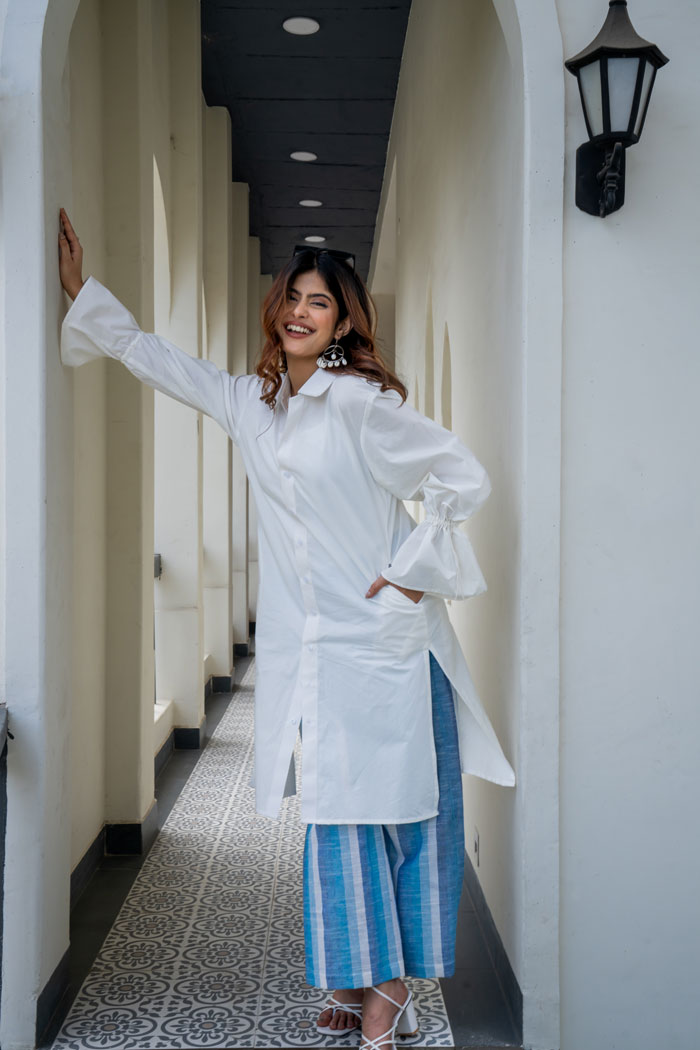 White- Blue Striped Coord Set